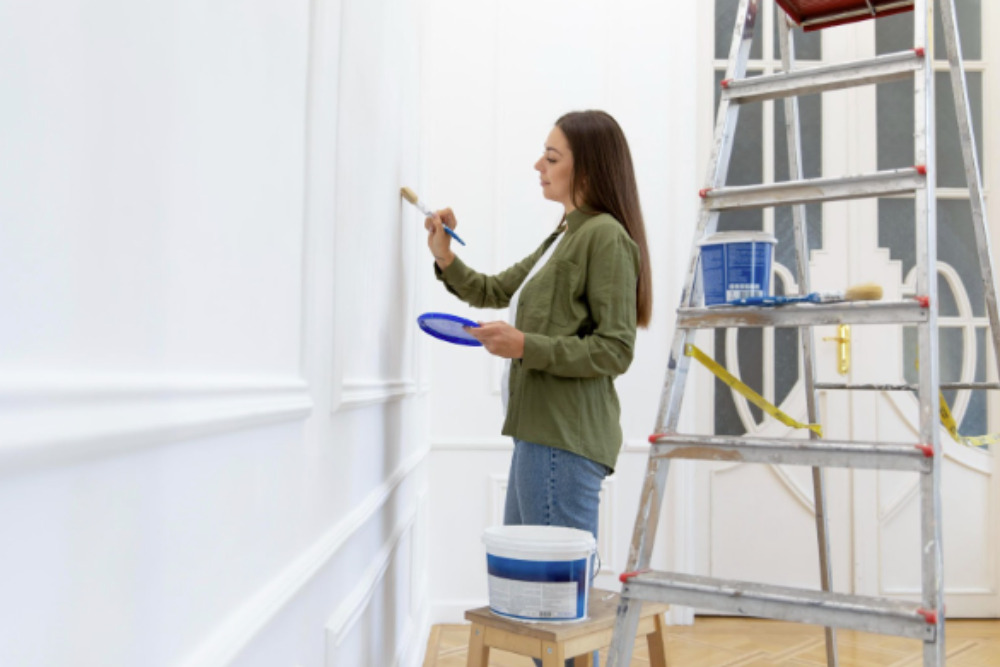 mulher pintando parede interna da casa