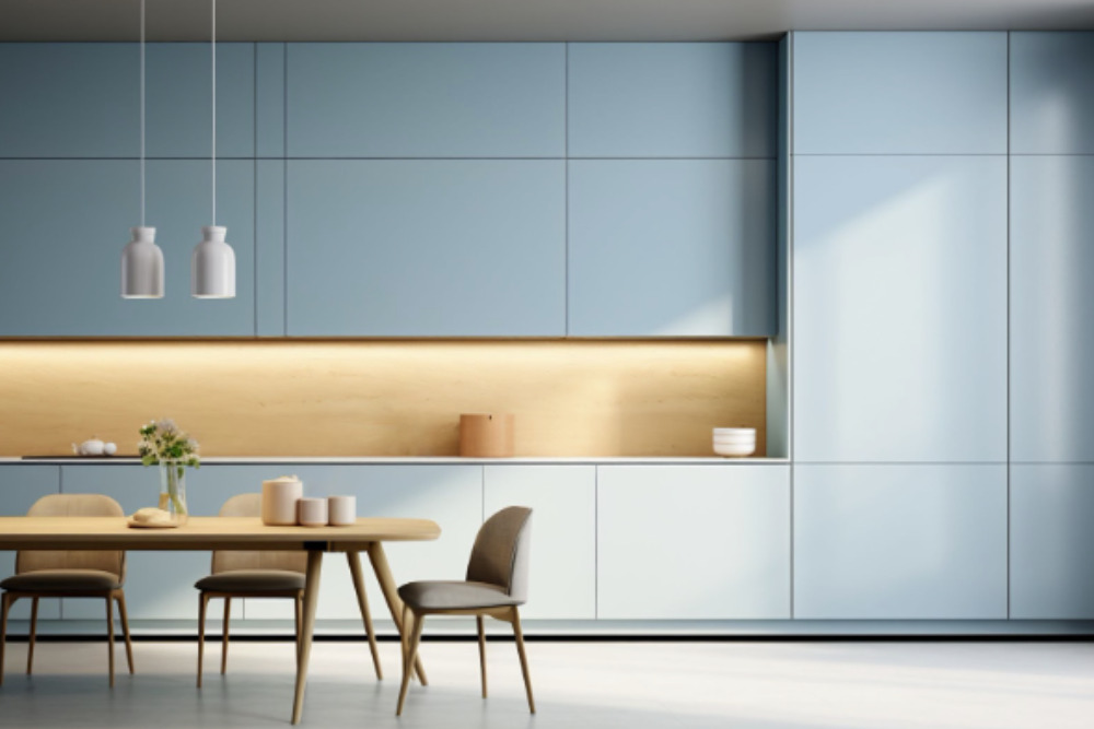 cozinha moderna com armários em tom de azul acinzentado