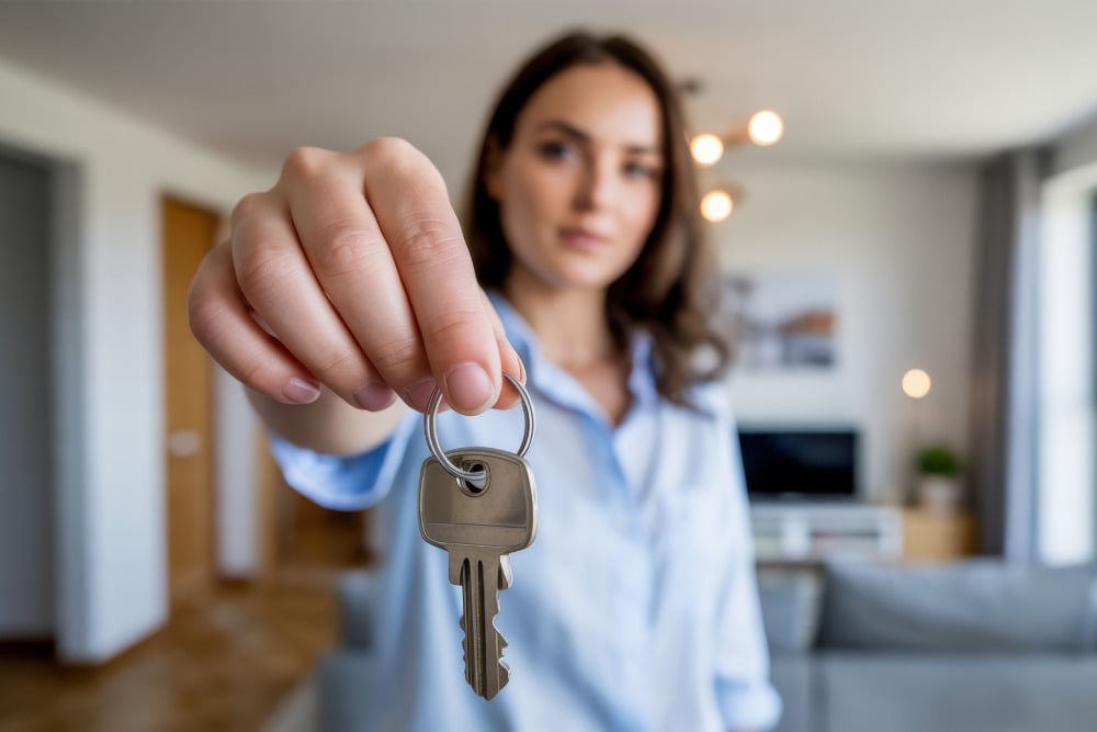mulher olhando e apontando para câmera uma chave de casa