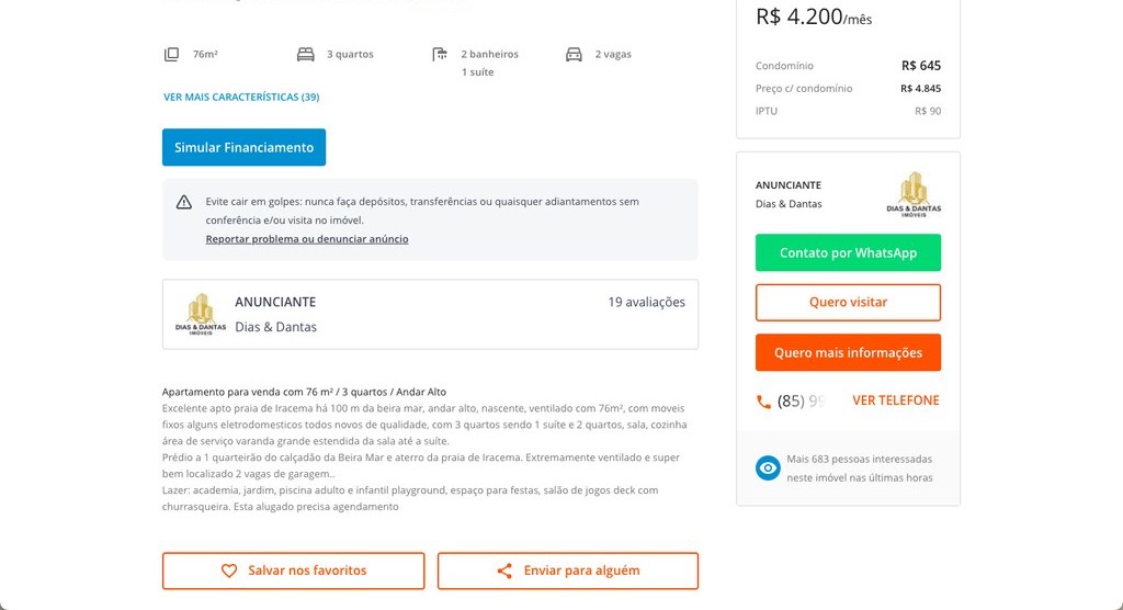 anúncio de aluguel de apartamento beira mar