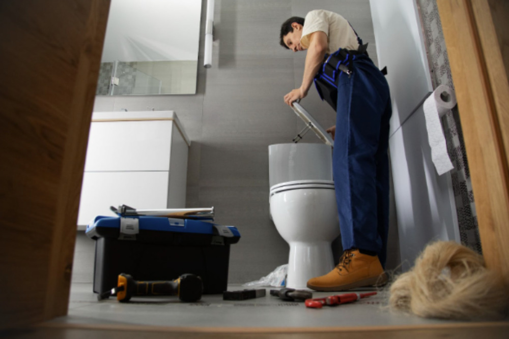 homem desentupindo um vaso sanitário 
