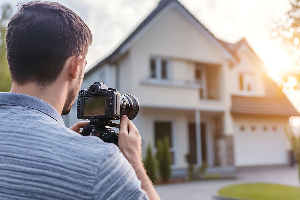 Homem do lado de fora de uma casa tirando foto com maquina fotografica