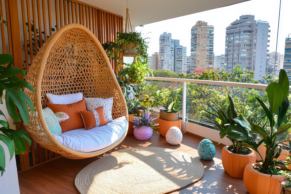 decoração boho em varanda com muitas plantas e móveis e objetos típicos do estilo