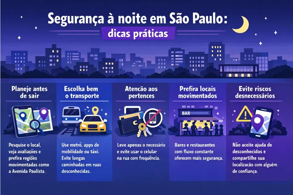 Infográfico com dicas práticas de segurança para quem busca o que fazer a noite em são paulo, incluindo transporte, locais movimentados, cuidados pessoais e planejamento prévio para evitar riscos.